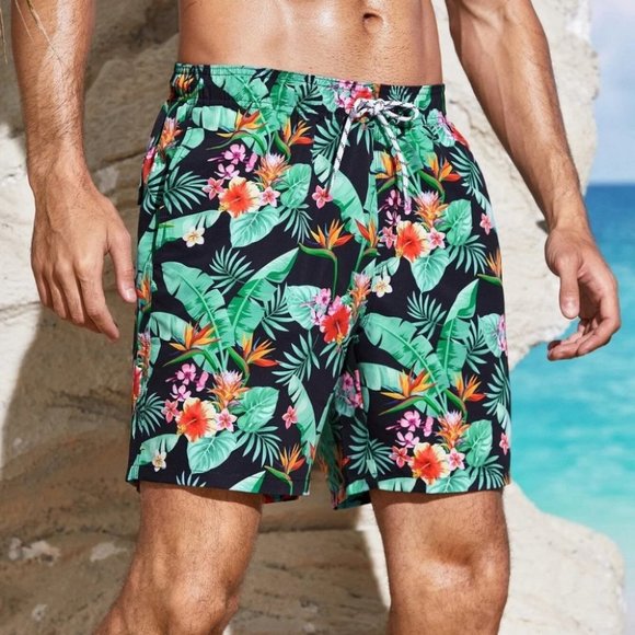 Men's Tropical Print Swim Trunks Vacation Style - Picture 4 of 5